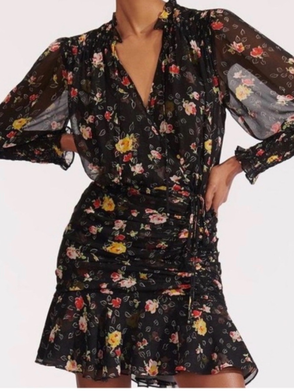 VERONICA BEARD ARMERIA BLACK SMOCKED CUFFS YELLOW RED FLORAL DRESS WOMENS LARGE